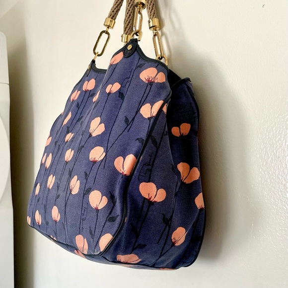 Tory Burch Floral Canvas Large Handbag Blue and Coral - Picture 5 of 11